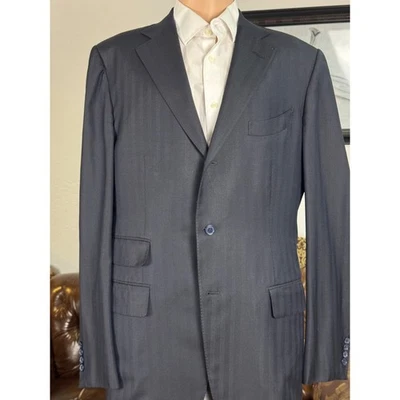 Tom Ford Navy Blue Herringbone Suit Jacket Blazer 54L IT/ 44L US men's Notch Lap