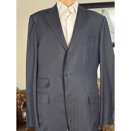 Tom Ford Navy Blue Herringbone Suit Jacket Blazer 54L IT/ 44L US men's Notch Lap