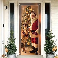 Christmas Door Cover Banner 71 x 35 Inch Gold Ornament Tree Santa and Reindeer