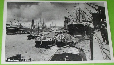 Hamburg Postcard 1936 Port Crane Steamer Freighter Ship Barges Port Worker View