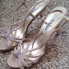 Nina gold Leather Rhinestone Strappy Ankle Strap Open Toe Heels US 8 EU 38