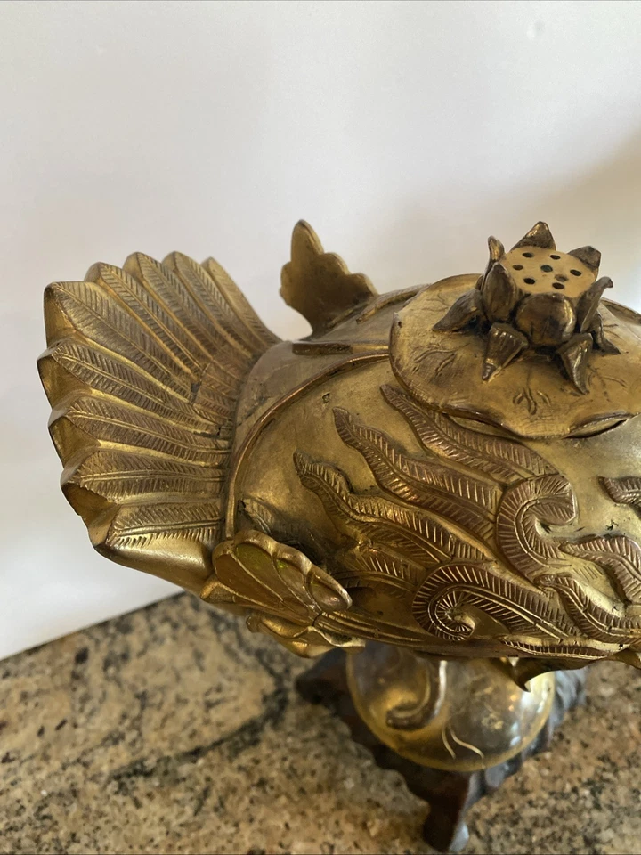 Antique Chinese Incense Burner Censer Gold Gilded Bronze Bird Pair - Image 3 of 4