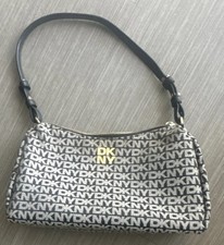 DKNY Logo Shoulder Bag Black White Gold Hardware with Zip Closure