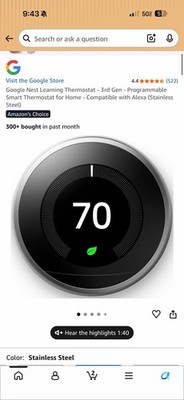 Google Nest Learning Thermostat 3rd Gen Wi-Fi Alexa Dial Stainless Steel