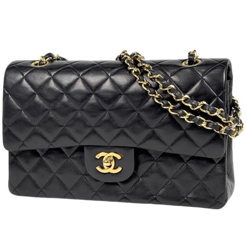 Chanel Matelassé W Flap Chain Shoulder Bag Coco Mark Leather Black A01112