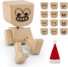1PCS Shaking Tiny Feet Wooden Doll with Spring Legs with 12Pcs Magnetic Expressi