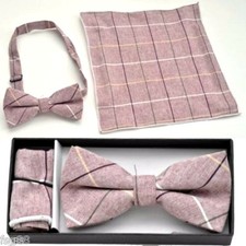 Pre Tied Bow Tie Pocket Burgundy Tan White Hankie Handkerchief Plaid Checkers
