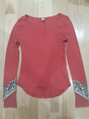 Free People Bandana Cuff Thermal Top Shirt S small waffle Hippie Boho Cuffs  euc