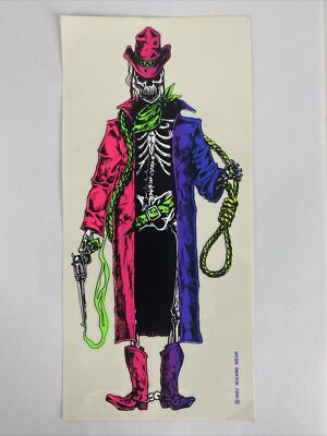 Vintage 92 Wizard Wear Cowboy Skeleton Sticker Blacklight Neon 4.5''x 9.75''