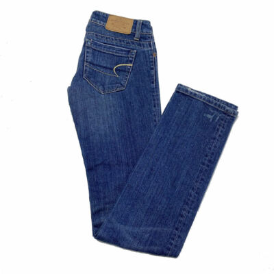 American Eagle Skinny 77 Stretch Jeans Sz 0 REG Blue Womens Distressed