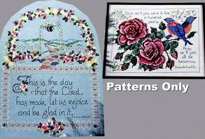Work Pray Bluebirds Roses CROSS STITCH PATTERN English Garden Ribbon Embroidery