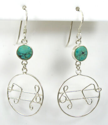 Turquoise Music Notes Wire 925 Sterling Silver Drop Hook Earrings F399E2D6