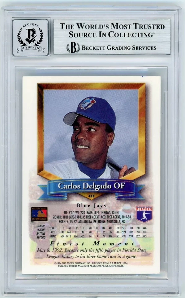CARLOS DELGADO SIGNED AUTOGRAPH 1994 FINEST #423 CARD BLUE JAYS BECKETT AUTO 10 - Image 2 of 2