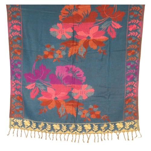 Yak + Sheep Wool | Shawl/Throw| Handloomed| Reversal| Flora| Base Color: Teal - 第 4/5 張圖片