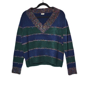 True Craft Women's Striped Tinsel Holiday Christmas V-Neck Sweater Size Small