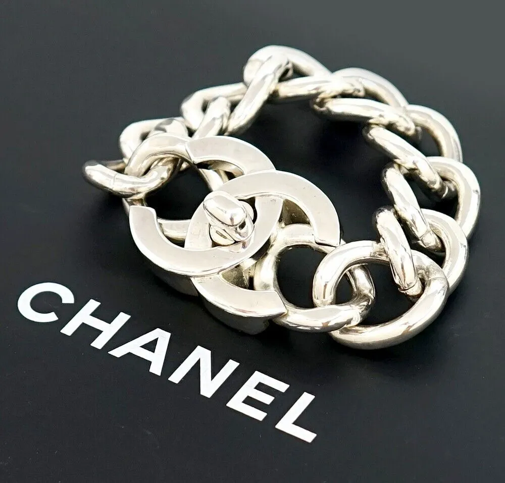 CHANEL CC Logos Turnlock Motif Charm Bracelet 8" Silver Tone