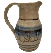 Rustic Primitive Folk Art Glazed Pottery Pitcher Vase Gene Brenner Maker  blue
