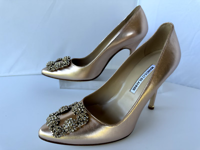 New Manolo Blahnik Shoes Hangisi Crystal Buckle Pump Size 37 Copper
