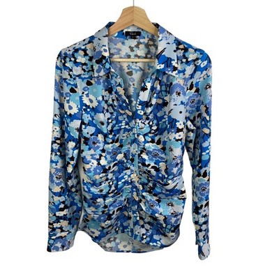 Rails Lisa Top Zinnia Blooms Blue Floral Long Sleeve Stretch Button Up Ruched M