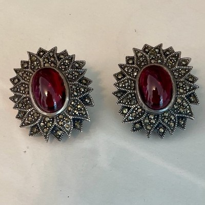 Vintage Ruby Red Cabochon Marcasite Style Statement Earrings Silver Tone ArtDeco