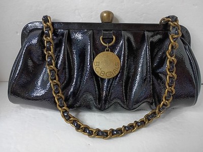 BCBGIRLS Y2K Black Patent Leather Clutch Bag Gold Chain Strap. EUC