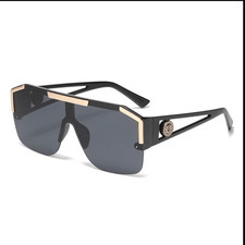 Oversized Black Shield Sunglasses with Gold Trim
