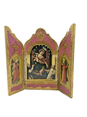 Pink & Gold Madonna of the Rosary Italian Florentine Wood Triptych Icon 6''