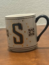 Anthropologie Coffee Mug Monogram Initial "J" Black Gold Mosaic Tile