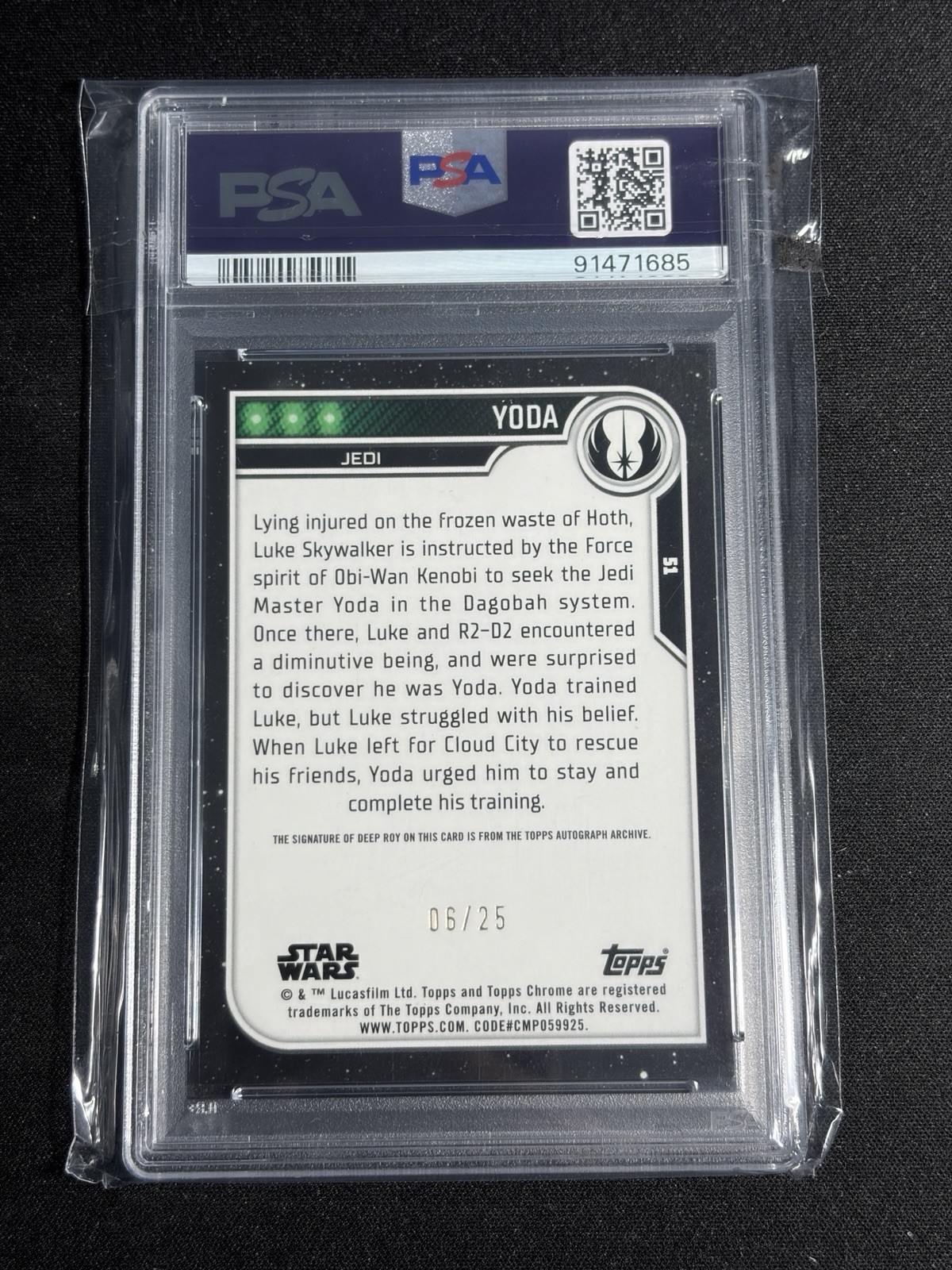 2023 Topps Star Wars Chrome Jedi Yoda Auto Orange Refractor /25 Deep Roy PSA 9 view 2