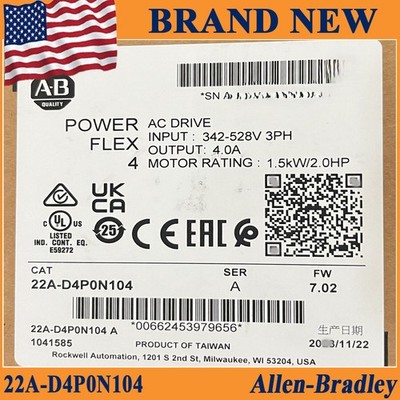 22A-D4P0N104 NEW PLC 22A-D4P0N104 / A POWERFLEX 4 Catalog AC Drive US