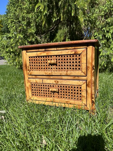 Vintage Faux Bamboo Rattan Wicker 2 Drawer Table Top Storage Cabinet Tropical
