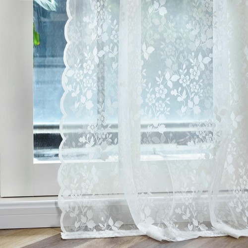 Vintage Lace Curtains for Living Room, 2 Panels Rustic Embroidered Floral Whi...