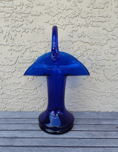 1985 Blenko Art Glass Vase Handled Basket Cobalt Blue #8321 Free Shipping