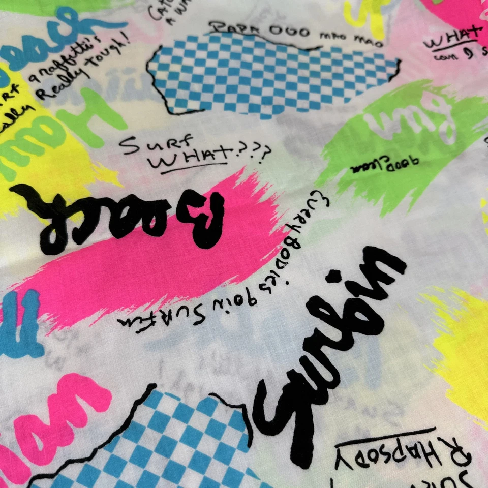 Vtg 80s Neon Fabric Surf Tropical Muscle Beach Graffiti Dude Retro 72” x 46” - Image 4 of 4