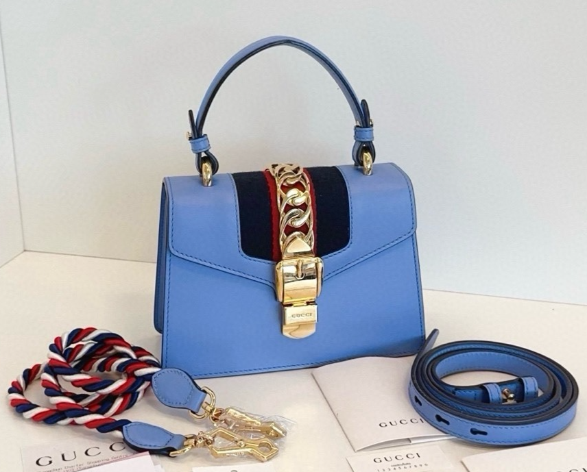 GUCCI Sylvie Small Sky Blue Leather Top Handle Shoulder Crossbody Bag for Women