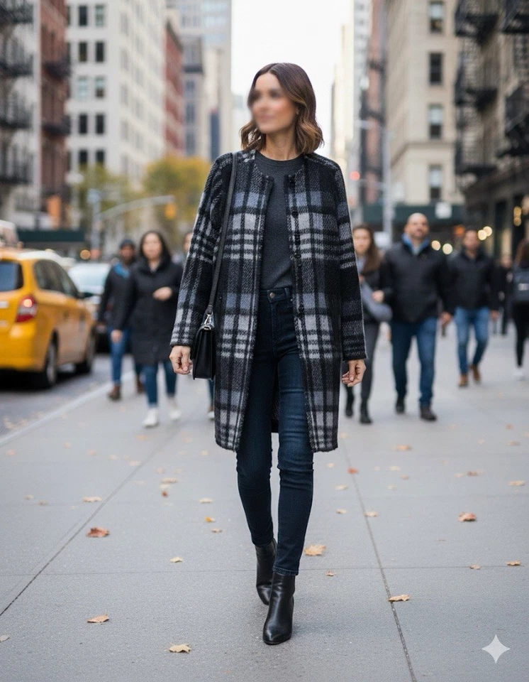 Chaqueta Larga Suéter Abrigo Tory Burch Mezcla Mohair Cuadros L Cuero Borde Bolsillos LG Foto 2 de 4