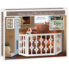 White Floral Wooden Pet Gate - Freestanding Foldable Adjustable 3-Section Dog Ga