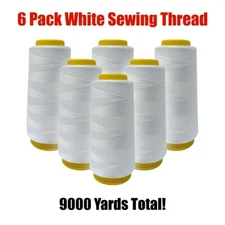 New! 6PK Spools Sewing Thread Polyester WHITE 1500 Yards Per Spool