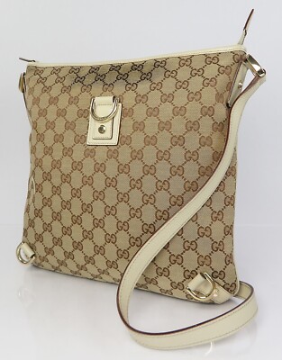 Auth GUCCI Brown GG Canvas and Off-White Leather Crossbody Shoulder Bag #60211