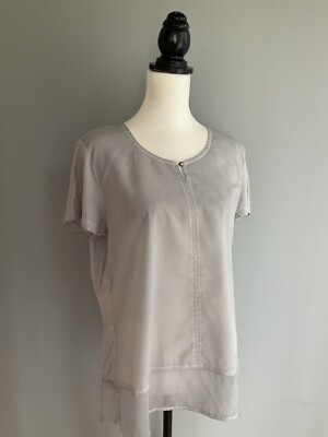 Bianca Grey Short Sleeve Contrast Fabric Scoop Notch Neck Tunic Top Sz 14