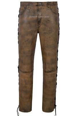 Herren Biker Lederhose schmutzig braun geschnürt Motorrad Lederhose 00126