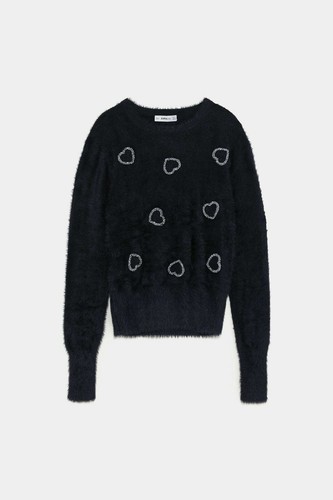 New With Tags Zara Black Fuzzy Bejewelled Heart Sweater Jumper L RRP £39.99 - Picture 3 of 3