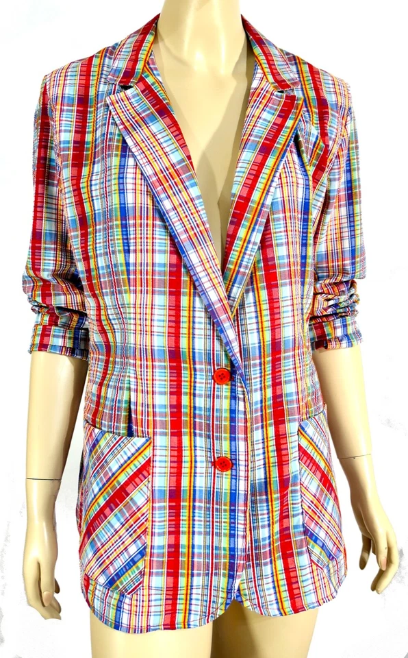 Vintage 70s Mod Hippy Cotton Blend Candy Plaid Red Button Blazer L XL - Image 2 of 4