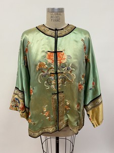 Antique Asian Chinese Silk Embroidered Robe Jacket Textile Green Floral As is