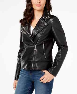 INC International Concepts Studded Faux-Leather Moto Jacket Black