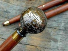 Antique Nautical Brass Globe Knob Head Handle Walking Stick Wooden Cane Gifts