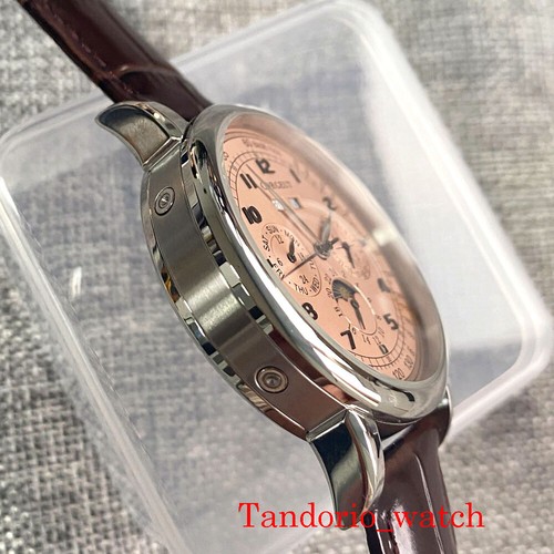 Corgeut 42mm Pink Dial Day Week Month Multifunction Automatic Mens Watch Leather - Picture 4 of 10