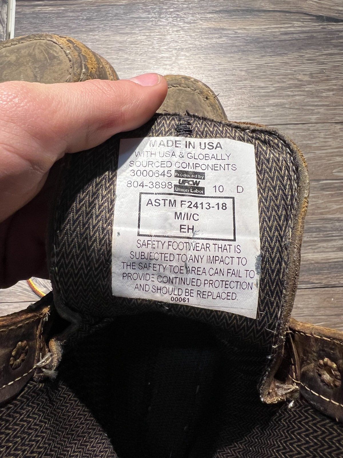 Thorogood 804-3898 men’s moc toe work boot with brown leather waterproof USA made label on heel.