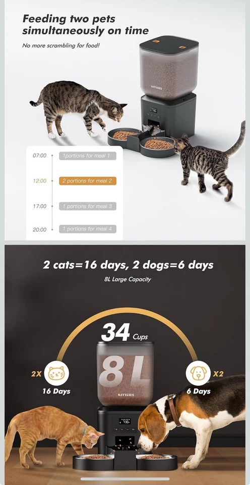 Alimentador Automático para Gatos para 2 Gatos - 8L/34 Tazas Gran Capacidad Dispensador Automático de Comida para Gatos Foto 3 de 4