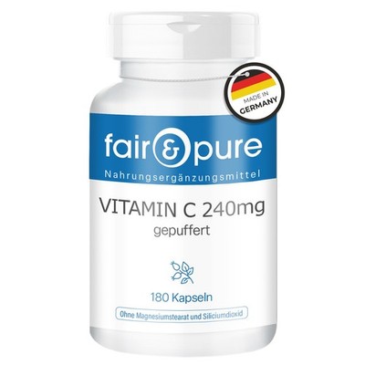 Vitamin C 240 mg gepuffert - 180 Kapseln mit Hagebutte - vegan | fair & pure